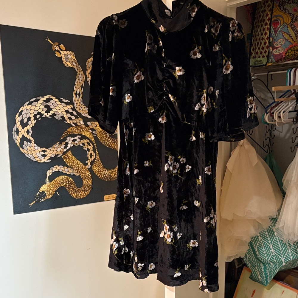 Free People Black Velvet Mini Dress with Floral Accents